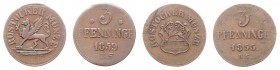 Stadt
Deutschland, Rostock. Lot. 2 Stück 3 Pfennig 1855
a. ca 2,58g
Jaeger 95
ss