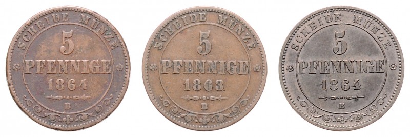 Diverse
Deutschland, Sachsen - Albertiner. Lot. 3 Stück 5 Pfennig 1863/64 B
ss -...