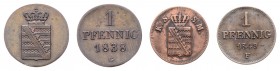 Friedrich August II. 1836 - 1854
Deutschland, Sachsen - Albertiner. Lot. 2 Stück 1 Pfennig 1838/49
Jaeger 69,79, AKS 111, 112.
ss