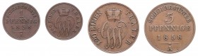 Diverse
Deutschland, Schaumburg-Lippe. Lot. 2 Stück 1 + 3 Pfennig 1858 A
Jaeger 8, 10.
ss