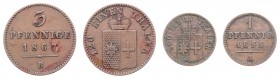 Diverse
Deutschland, Waldeck-Pyrmont. Lot. 2 Stück, 1 und 3 Pfennig 1855/67
ss