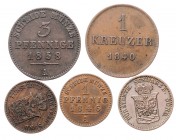 Wilhelm I. 1816 - 1864
Deutschland, Württemberg. Lot. 5 Stück diverse 1 / 3 Kreuzer, 1 Silbergroschen
ges. 14,79g
ss