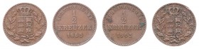 Karl 1864 - 1891
Deutschland, Württemberg. Lot. 2 Stück 1/2 Kreuzer 1865
2,24g
AKS 129
ss