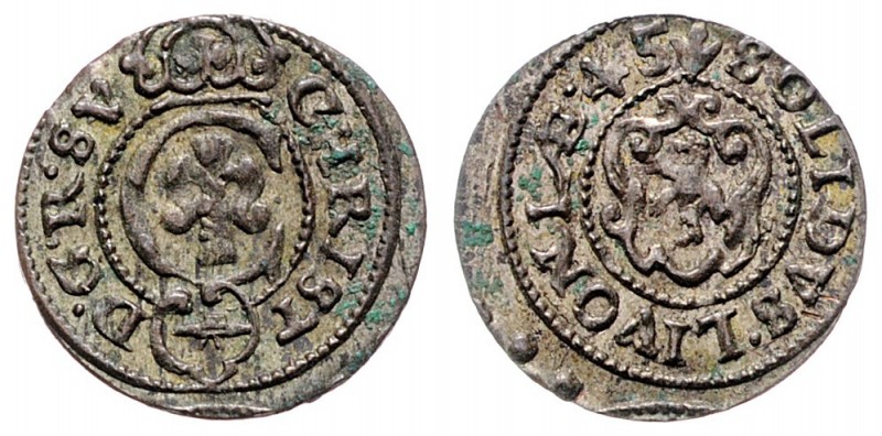 Christina 1632 - 1654
Baltikum, Riga. Schilling, 1645. unter Schweden
0,88g
Ahls...