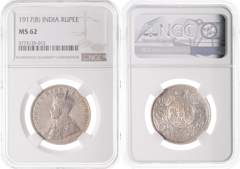 Georg V. 1910 - 1936
British Indien. Rupee, 1917 B. in NGC Holder, Punkt unter d...