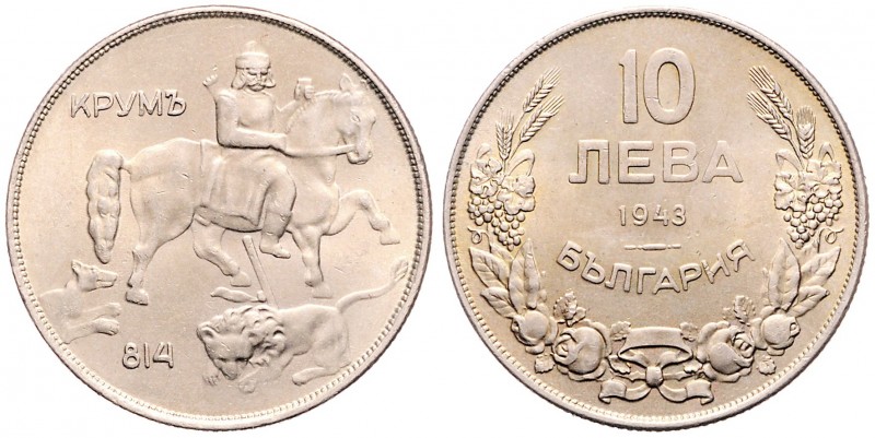 Boris III. 1918 - 1943
Bulgarien. 10 Lewa, 1943. Paris
11,08g
KM 40b
stgl