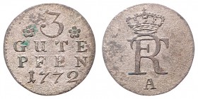 Friedrich II. 1740 - 1786
Deutschland nach Regionen/Städten und Jahreszahlen geordnet, Brandenburg-Preußen. 3 Guter Pfennig, 1772. A
0,64g
Schön 49
ss...