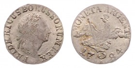 Friedrich II. 1740 - 1786
Deutschland nach Regionen/Städten und Jahreszahlen geordnet, Brandenburg-Preußen. 3 Kreuzer, 1784. A
1,60g
ss/f.vz