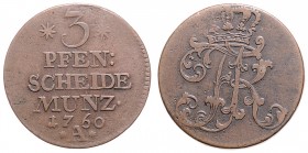 Friedrich II. 1740 - 1786
Deutschland nach Regionen/Städten und Jahreszahlen geordnet, Brandenburg-Preußen. 3 Pfennige, 1760. 7,29g
Zainende
ss
