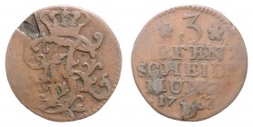 Friedrich II. 1740 - 1786
Deutschland nach Regionen/Städten und Jahreszahlen geordnet, Brandenburg-Preußen. 3 Pfennige, 1763. 2,95g
s