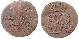 Friedrich II. 1740 - 1786
Deutschland nach Regionen/Städten und Jahreszahlen geordnet, Brandenburg-Preußen. Pfennig, 1752. A
2,05g
Schön 31
ss