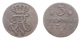 Friedrich Wilhelm II. 1786 - 1797
Deutschland nach Regionen/Städten und Jahreszahlen geordnet, Brandenburg-Preußen. 3 Pfennige, 1789. A
0,70g
f.ss