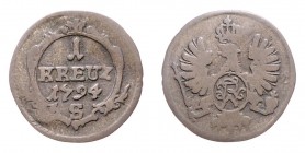 Friedrich Wilhelm II. 1786 - 1797
Deutschland nach Regionen/Städten und Jahreszahlen geordnet, Brandenburg-Preußen. 1 Kreuzer, 1792. S
0,62g
ss