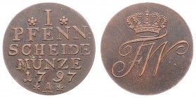 Friedrich Wilhelm II. 1786 - 1797
Deutschland nach Regionen/Städten und Jahreszahlen geordnet, Brandenburg-Preußen. 1 Pfennig, 1797. A
2,66g
J. 1
ss/s...