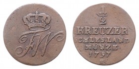 Friedrich Wilhelm II. 1786 - 1797
Deutschland nach Regionen/Städten und Jahreszahlen geordnet, Brandenburg-Preußen. 1/2 Kreuzer, 1797. 4,12g
ss
