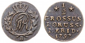 Friedrich Wilhelm III. 1797 - 1840
Deutschland nach Regionen/Städten und Jahreszahlen geordnet, Brandenburg-Preußen. 1/2 Groschen, 1797. B
1,66g
J. 17...