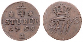 Friedrich Wilhelm III. 1797 - 1840
Deutschland nach Regionen/Städten und Jahreszahlen geordnet, Brandenburg Preußen. 1/4 Stüber, 1799. A
3,63g
f.vz
