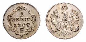 Friedrich Wilhelm III. 1797 - 1840
Deutschland nach Regionen/Städten und Jahreszahlen geordnet, Brandenburg-Preußen. Kreuzer, 1799. 0,64g
J. 203b
stgl...