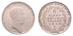 Friedrich Wilhelm III. 1797 - 1840
Deutschland nach Regionen/Städten und Jahreszahlen geordnet, Brandenburg-Preußen. 1/6 Taler, 1814. 5,16g
s/ss