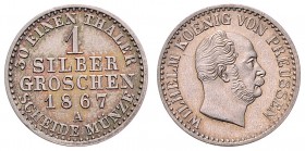 Wilhelm I. 1861 - 1888
Deutschland nach Regionen/Städten und Jahreszahlen geordnet, Brandenburg-Preußen. 1 Silber Groschen, 1867. A
2,20g
AKS 103
vz