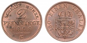 Wilhelm I. 1861 - 1888
Deutschland nach Regionen/Städten und Jahreszahlen geordnet, Brandenburg-Preußen. 2 Pfennig, 1868. C
1,60g
C. 162b
f.stgl
