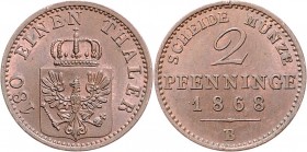 Wilhelm I. 1861 - 1888
Deutschland nach Regionen/Städten und Jahreszahlen geordnet, Brandenburg-Preußen. 2 Pfennig, 1868. B
3,05g
C. 162a
vz/stgl