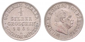 Wilhelm I. 1861 - 1888
Deutschland nach Regionen/Städten und Jahreszahlen geordnet, Brandenburg-Preußen. 1/2 Silber Groschen, 1869. A
1,03g
AKS 104
vz...