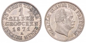 Wilhelm I. 1861 - 1888
Deutschland nach Regionen/Städten und Jahreszahlen geordnet, Brandenburg-Preußen. 1 Silber Groschen, 1871. A
2,13g
AKS 103
vz