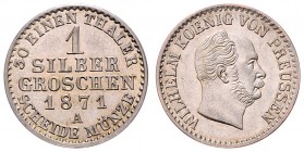 Wilhelm I. 1861 - 1888
Deutschland nach Regionen/Städten und Jahreszahlen geordnet, Brandenburg-Preußen. 1 Silber Groschen, 1871. A
2,21g
J. 89
vz/stg...