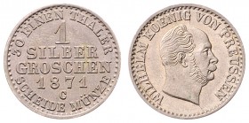 Wilhelm I. 1861 - 1888
Deutschland nach Regionen/Städten und Jahreszahlen geordnet, Brandenburg-Preußen. 1 Silber Groschen, 1871. C
2,19g
J. 89
vz/stg...