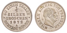Wilhelm I. 1861 - 1888
Deutschland nach Regionen/Städten und Jahreszahlen geordnet, Brandenburg-Preußen. 1/2 Silber Groschen, 1872. A
1,08g
AKS 104
vz...