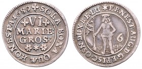 Ernst August 1679 - 1698
Deutschland nach Regionen/Städten und Jahreszahlen geordnet, Braunschweig. VI Mariengroschen, 1689. 3,18g
Welter 2003
ss