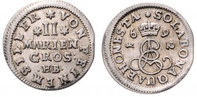 Ernst August 1679 - 1698
Deutschland nach Regionen/Städten und Jahreszahlen geordnet, Braunschweig. 2 Mariengroschen, 1692. 0,39g
Welter 2019
ss