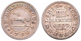 Georg Ludwig 1698 - 1714
Deutschland nach Regionen/Städten und Jahreszahlen geordnet, Braunschweig. 4 Mariengroschen, 1700. 2,13g
Welter 2197
ss/vz