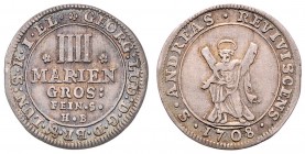 Georg Ludwig 1698 - 1714
Deutschland nach Regionen/Städten und Jahreszahlen geordnet, Braunschweig. 4 Mariengroschen, 1708. 2,10g
Schön 16
ss/ss+