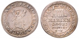 Georg Ludwig 1698 - 1714
Deutschland nach Regionen/Städten und Jahreszahlen geordnet, Braunschweig. 4 Mariengroschen, 1708 HB. 2,12g
Schön 16
ss