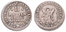 Georg Ludwig 1698 - 1727
Deutschland nach Regionen/Städten und Jahreszahlen geordnet, Braunschweig. II Mariengroschen, 1708. 1,08g
Welter 2201
ss