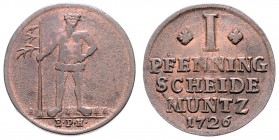 Georg Ludwig 1698 - 1727
Deutschland nach Regionen/Städten und Jahreszahlen geordnet, Braunschweig. 1 Pfennig, 1726. 2,97g
Welter 2285
vz