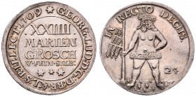 Georg Ludwig 1698 - 1714
Deutschland nach Regionen/Städten und Jahreszahlen geordnet, Braunschweig. 24 Mariengroschen, 1709. Wilder Mann
13,06g
Welter...