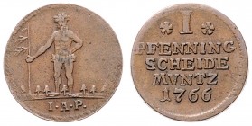 Georg III. 1740 - 1820
Deutschland nach Regionen/Städten und Jahreszahlen geordnet, Braunschweig. 1 Pfennig, 1766. 3,27g
Welter 2884
ss