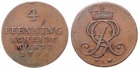 Georg III. 1740 - 1820
Deutschland nach Regionen/Städten und Jahreszahlen geordnet, Braunschweig. 4 Pfennig, 1796. 12,97g
KM 403
ss