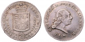 Georg III. 1740 - 1820
Deutschland nach Regionen/Städten und Jahreszahlen geordnet, Braunschweig. 1/6 Taler, o. Jahr. 2,93g
Welter 2834
f.vz