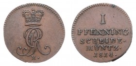 Georg III. 1740 - 1820
Deutschland nach Regionen/Städten und Jahreszahlen geordnet, Braunschweig. Pfennig, 1814. 2,88g
Jaeger 2b, AKS 23.
vz/stgl