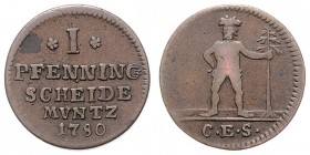 Karl I. 1735 - 1780
Deutschland nach Regionen/Städten und Jahreszahlen geordnet, Braunschweig-Wolfenbüttel. Pfennig, 1780. 1,96g
Welter 2783
ss