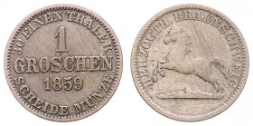 Herzog Wilhelm 1831 - 1884
Deutschland nach Regionen/Städten und Jahreszahlen geordnet, Braunschweig-Wolfenbüttel. Groschen, 1859. 2,18g
GDM 86
ss