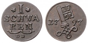 Stadt
Deutschland nach Regionen/Städten und Jahreszahlen geordnet, Bremen. 1 Schwaren, 1797. 1,49g
J. 9
ss+