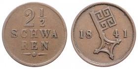 Stadt
Deutschland nach Regionen/Städten und Jahreszahlen geordnet, Bremen. 2 1/2 Schwaren, 1841. 3,07g
J. 17
ss