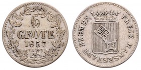 Stadt
Deutschland nach Regionen/Städten und Jahreszahlen geordnet, Bremen. 6 Grote, 1857. 2,94g
J. 22
ss