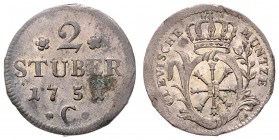Friedrich II. der Große 1740 - 1786
Deutschland nach Regionen/Städten und Jahreszahlen geordnet, Cleve. 2 Stüber, 1751 C. 2,41g
Schön 4
ss
