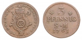 Stadt
Deutschland nach Regionen/Städten und Jahreszahlen geordnet, Erfurt. 3 Pfennige, 1761. 3,76g
Schön 20
ss
